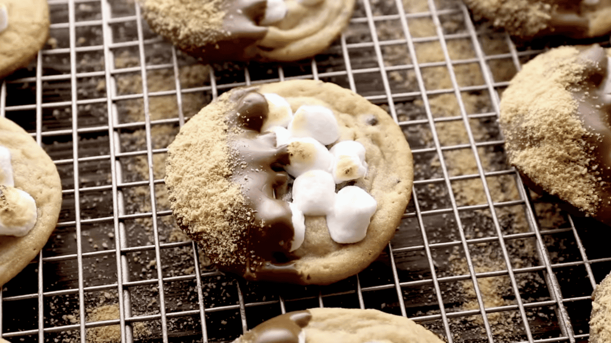 S'mores cookies cooling on a rack.
