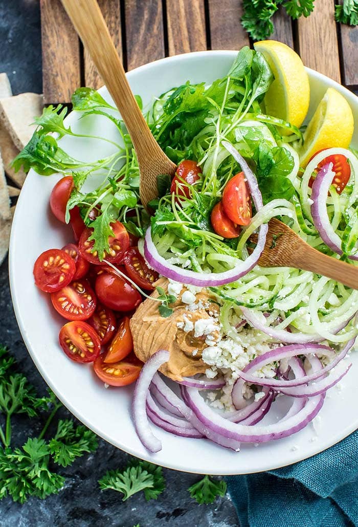 Greek Spiralized Cucumber Salad | Peas and Crayons