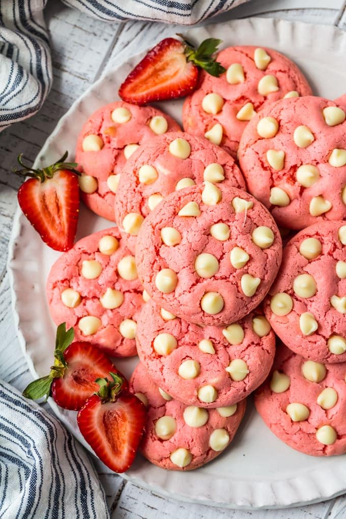 overhead shot of strawberry cake mix cookies with white chocolate chips