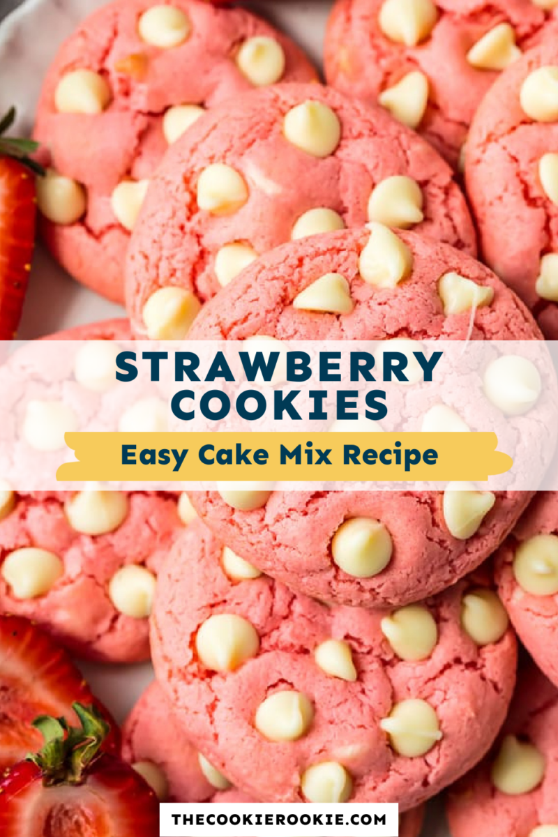 A pile of strawberry cookies with white chocolate chips.
