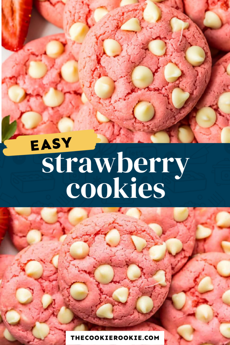Easy strawberry cake mix cookies on a white plate.