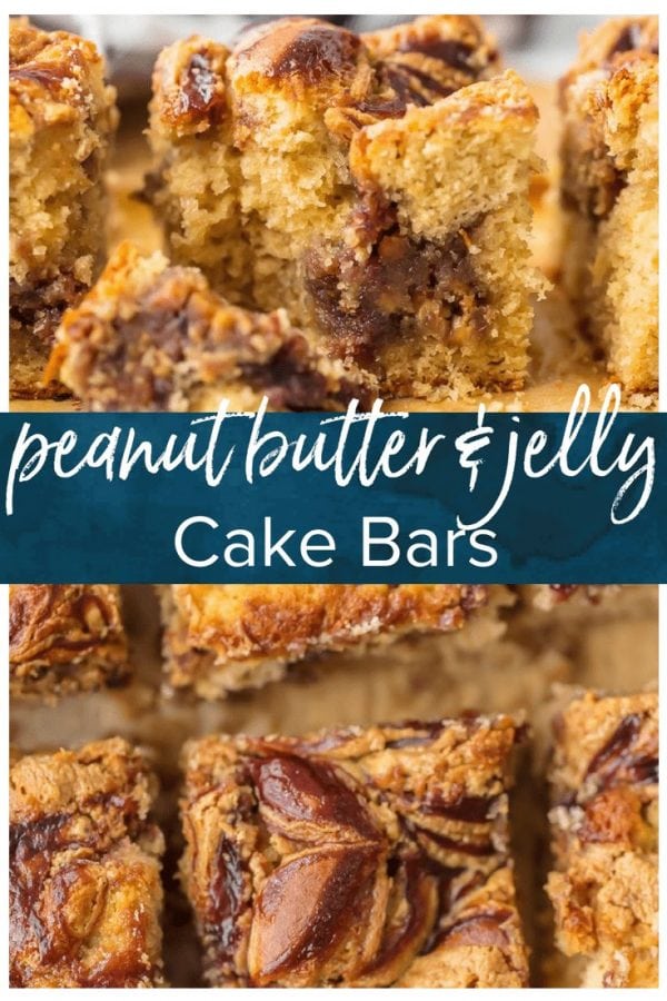 Peanut Butter and Jelly Bars are a fun and kid-friendly recipe! These Peanut Butter and Jelly Cake Bars make for a tasty dessert, a simple snack, or even an indulgent breakfast. I love putting a new spin on classic kid's food to make something creative and delicious for the whole family