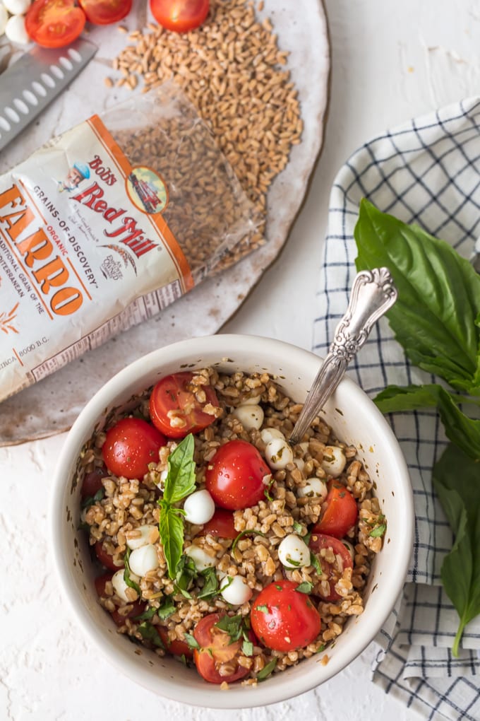 Bob's Red Mill farro bag next to a bowl of salad