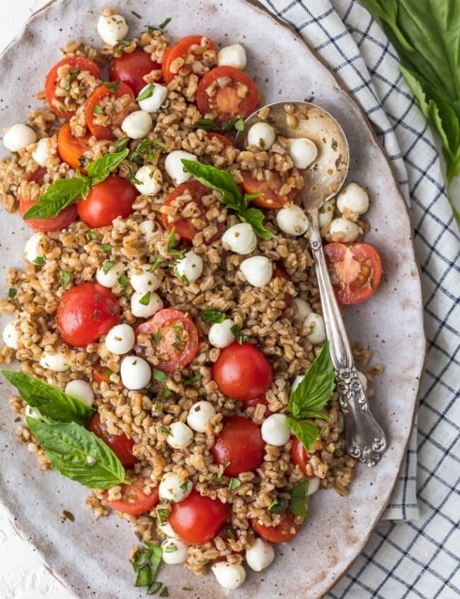 Caprese Farro Salad top view on a platter