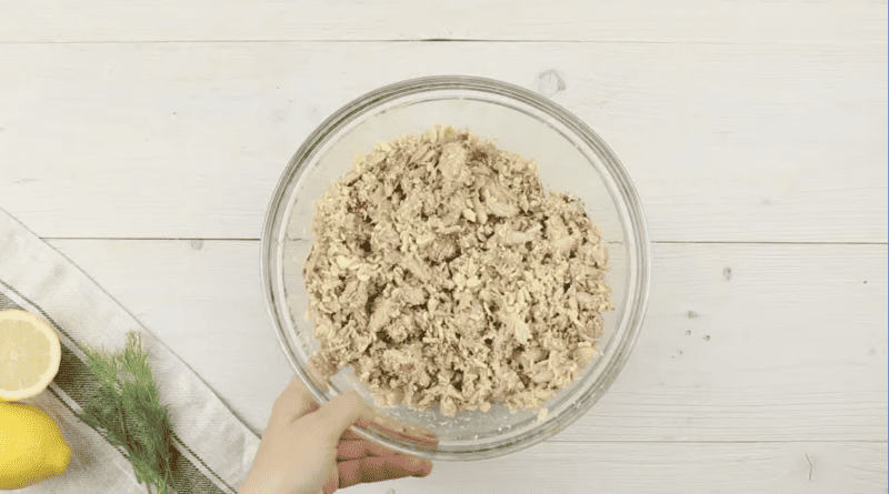 crab meat in a glass bowl.