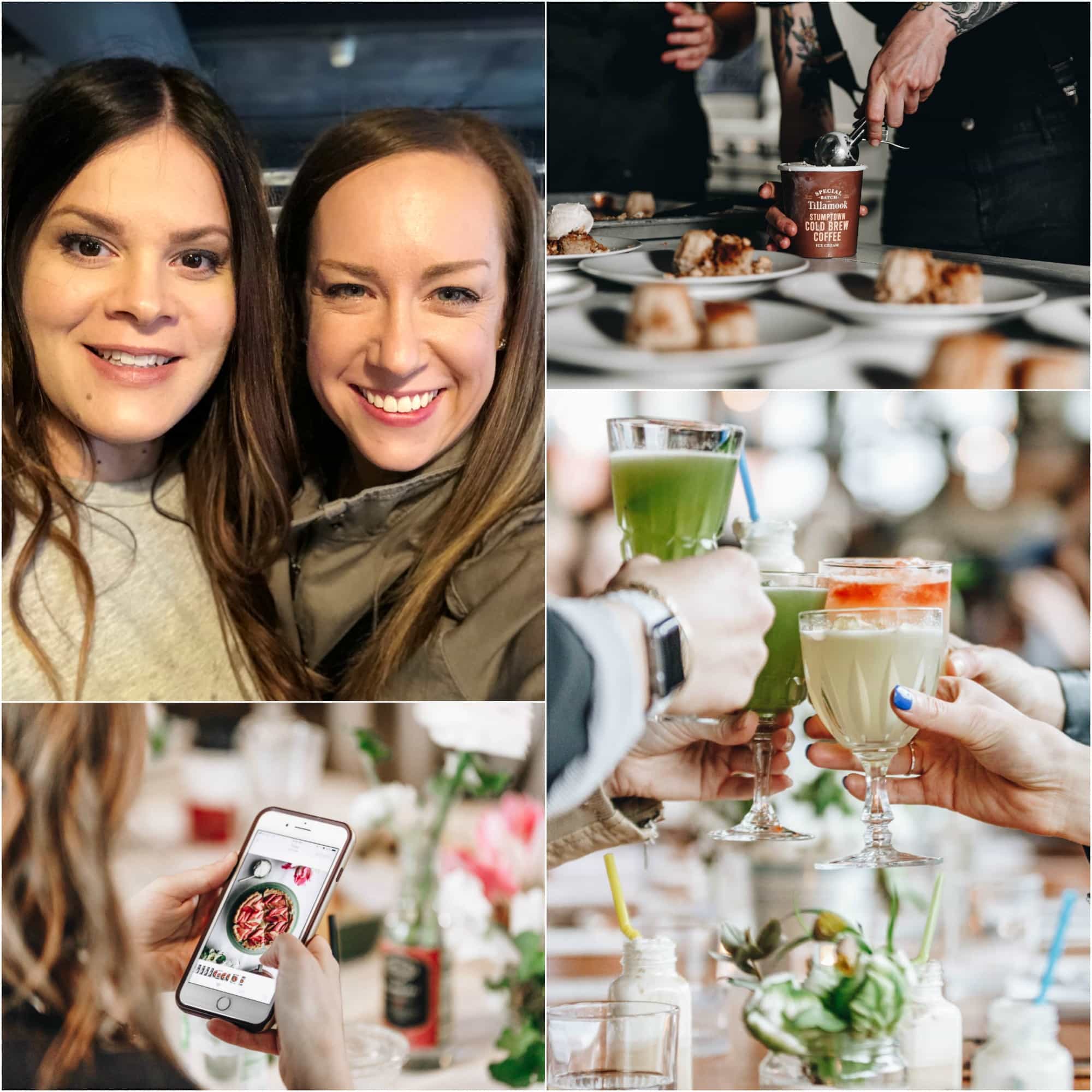 photo collage of people smiling, drinks, ice cream being scooped, and a phone 