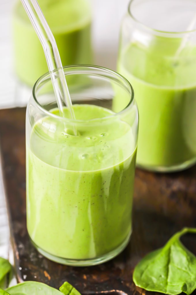 top view of a green smoothie in a glass