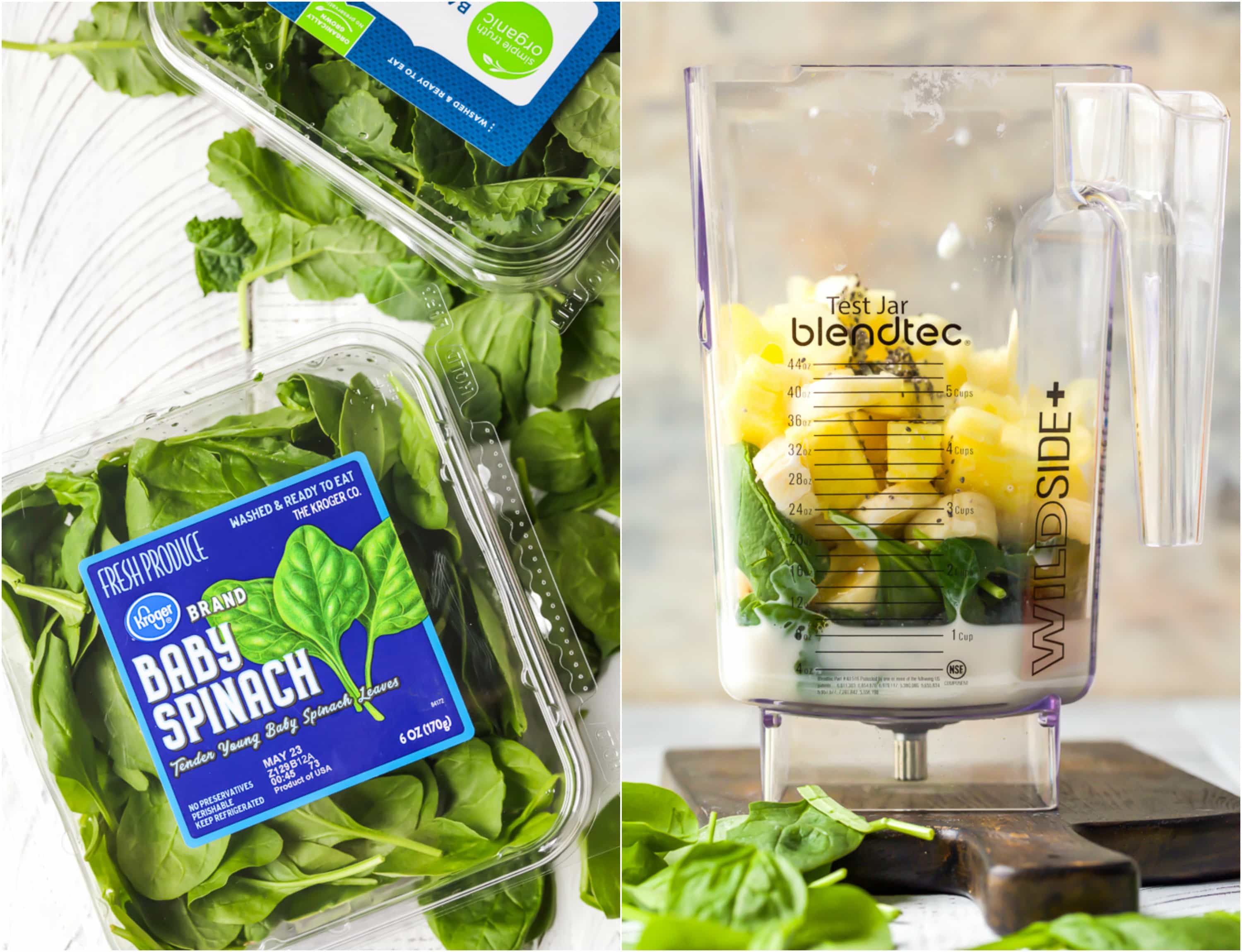 containers of baby spinach and a blender with smoothie ingredients before blending