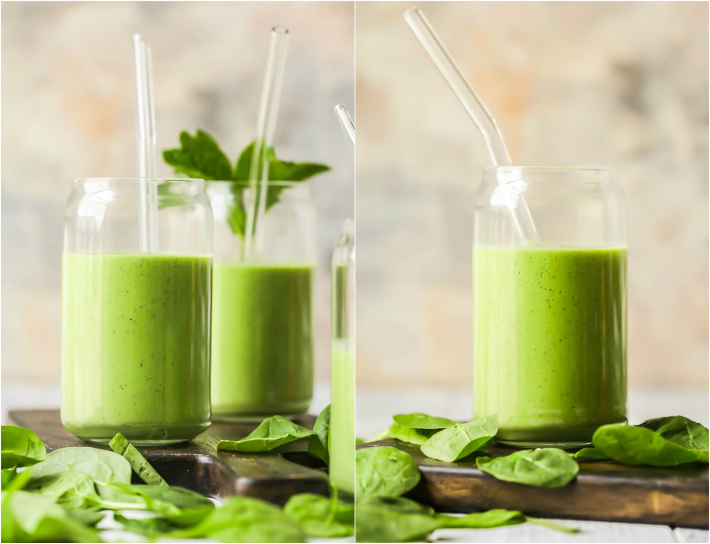 green smoothies on wooden cutting boards with baby spinach on them