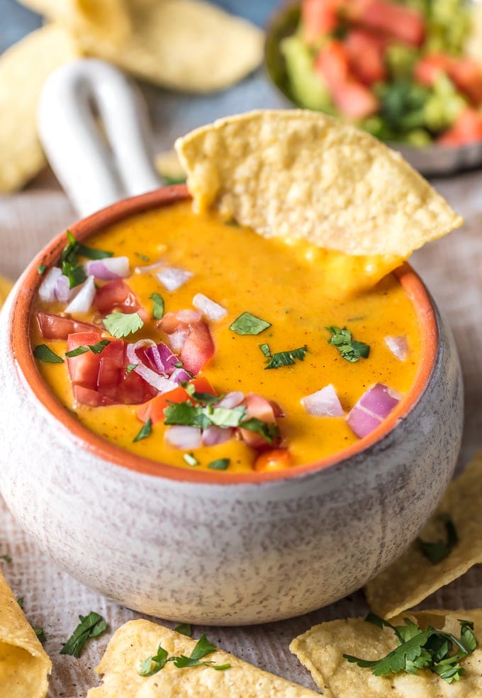 queso dip with a chip in it