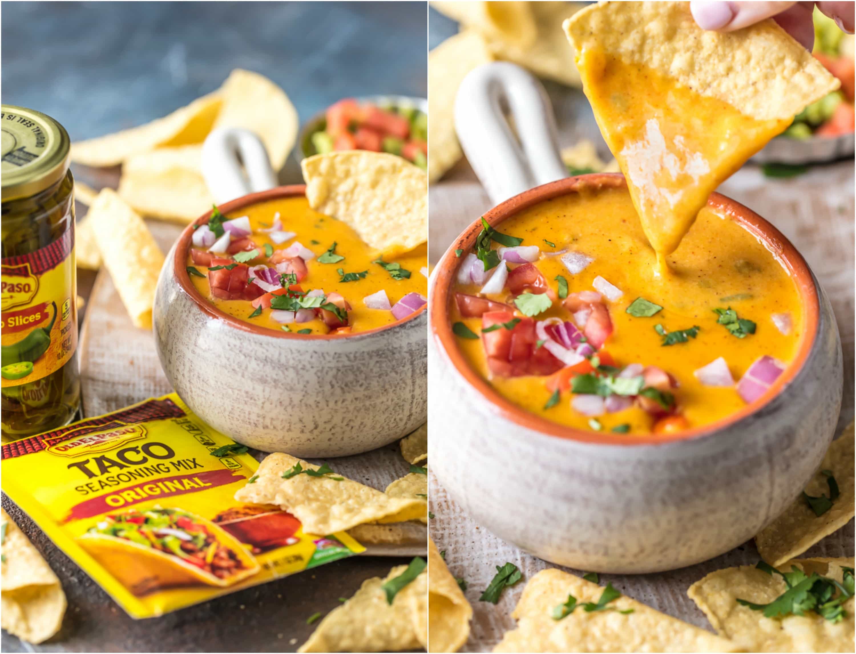 chips dipped in queso cheese dip