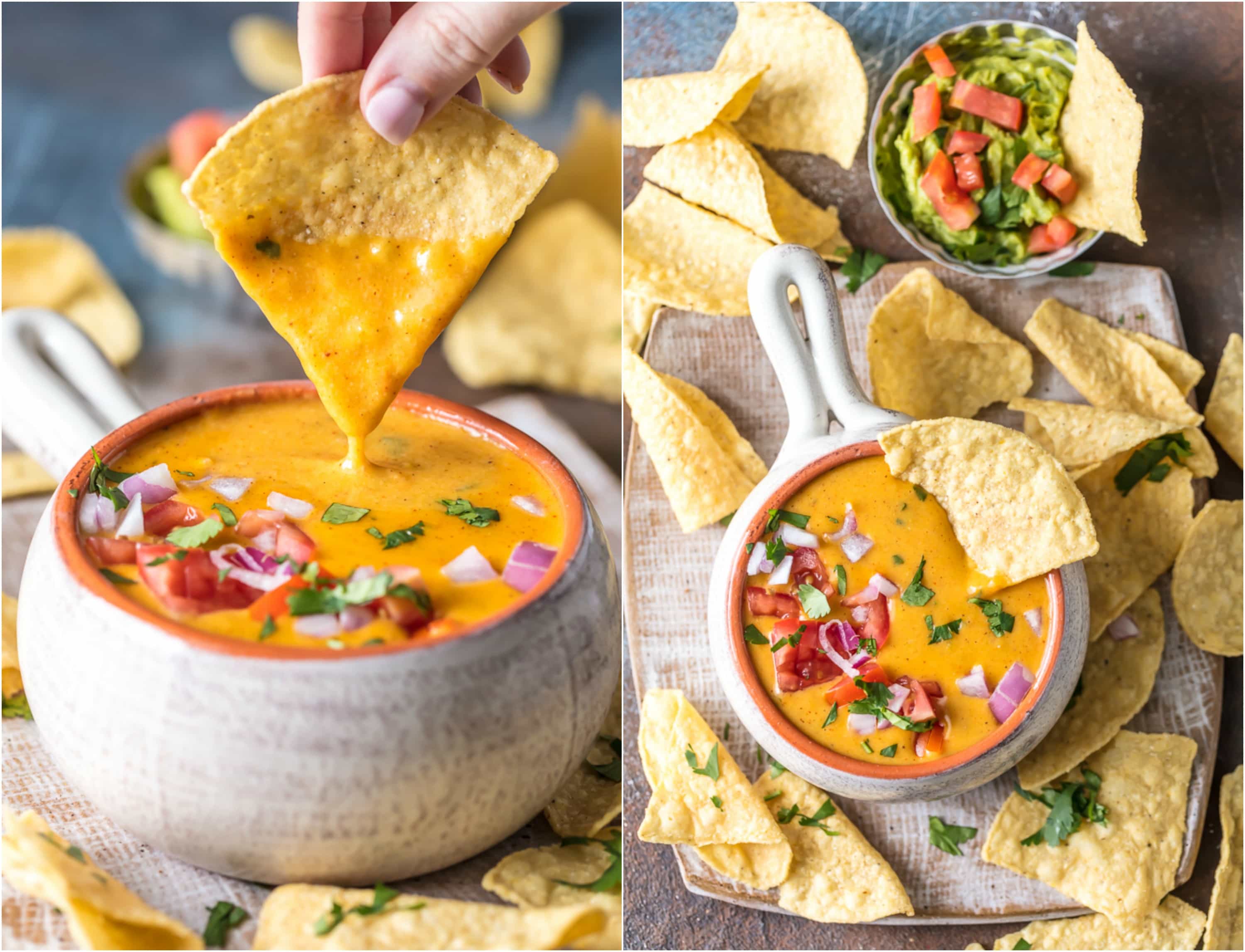 Healthy Queso is an amazing and EASY Skinny Cheese Dip Recipe that has less fat and less calories than a typical queso dip recipe. We made this healthy cheese dip with coconut milk and greek yogurt to keep things low cal while not sacrificing flavor or texture. This is our favorite healthy Cinco de Mayo Appetizer recipe!