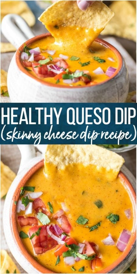 Healthy Queso is an amazing and EASY Skinny Cheese Dip Recipe that has less fat and less calories than a typical queso dip recipe. We made this healthy cheese dip with coconut milk and greek yogurt to keep things low cal while not sacrificing flavor or texture. This is our favorite healthy Cinco de Mayo Appetizer recipe!