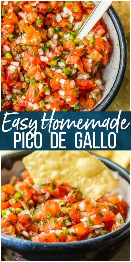 Homemade Pico de Gallo is a MUST MAKE for Summer and especially Cinco de Mayo. We love this EASY, quick, and flavorful Salsa Fresca that's loaded with fresh tomatoes, onion, garlic, lime juice, cilantro, and jalapeno peppers. This Pico de Gallo Recipe is the perfect topping for steak or chicken or is perfect for chips and salsa. Best recipe for Summer!