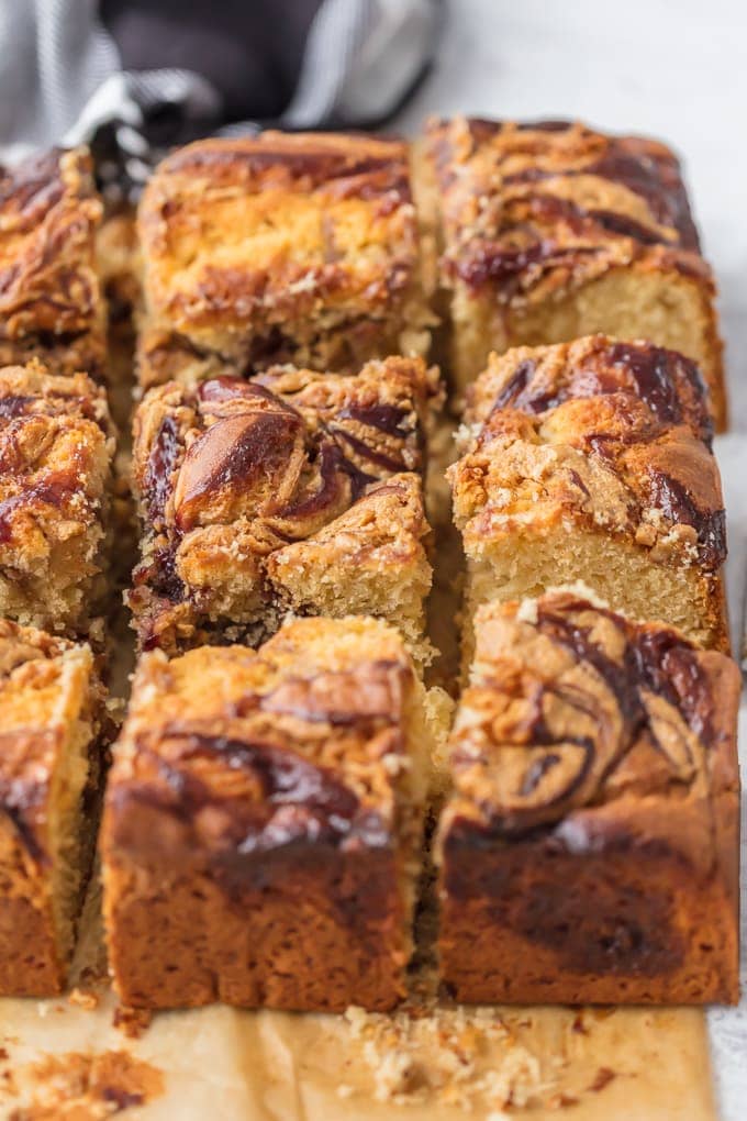 Peanut Butter and Jelly cake cut into bars