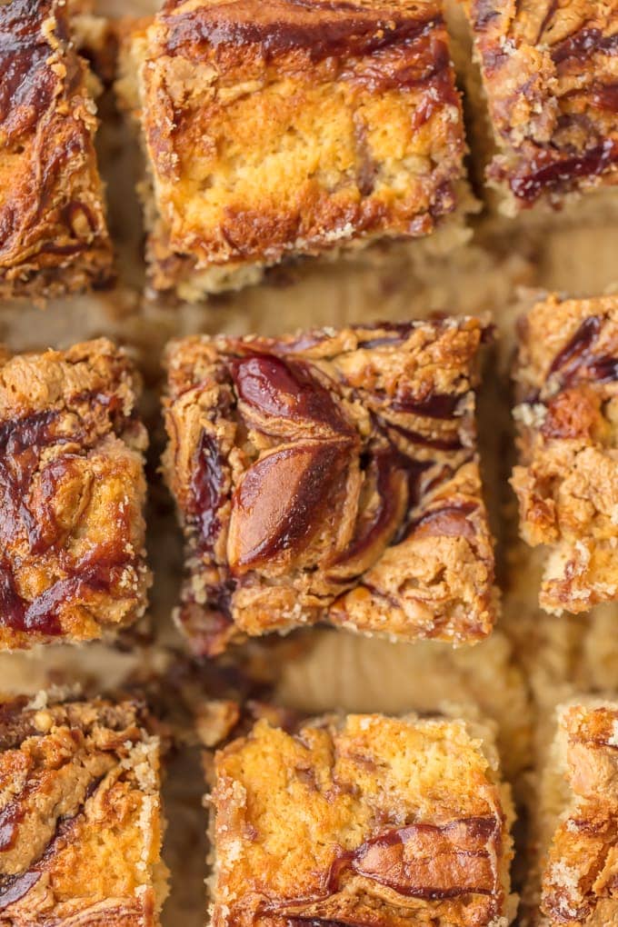 Peanut Butter and Jelly Cake Bars cut into squares
