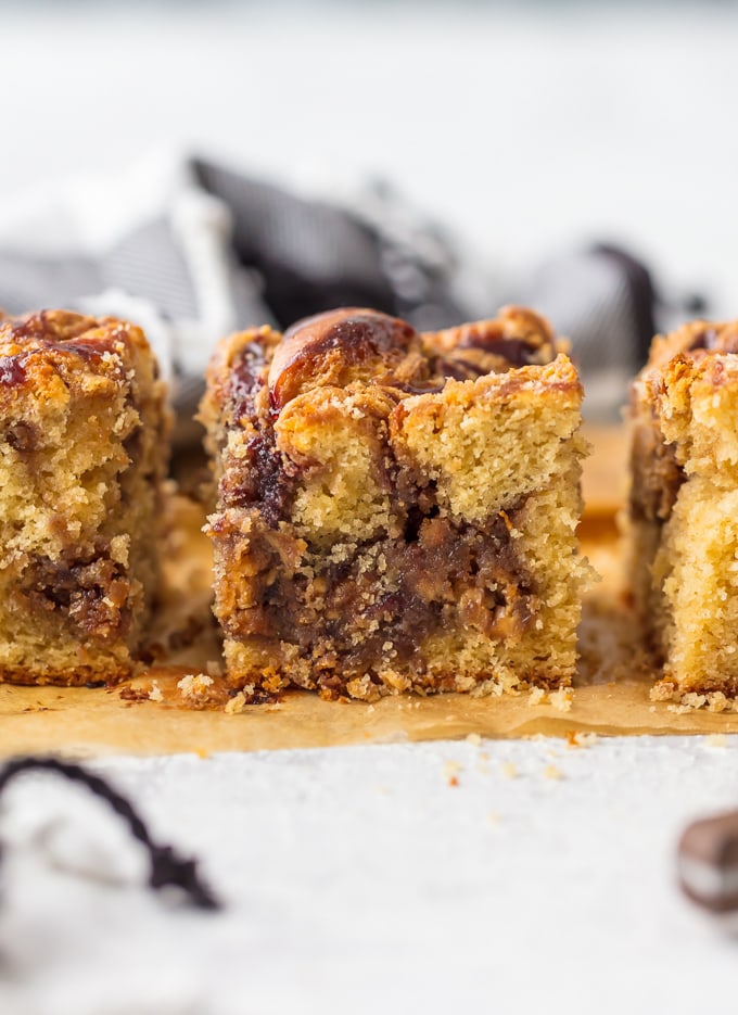 Peanut butter and jelly swirled inside of white cake squares