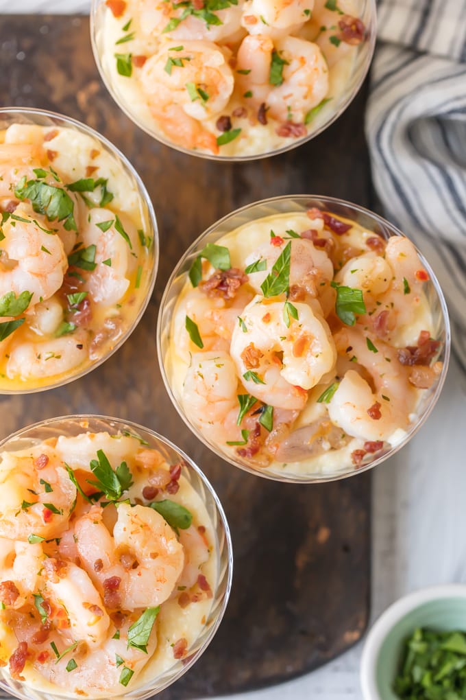 top views of the cups on a plate with shrimp