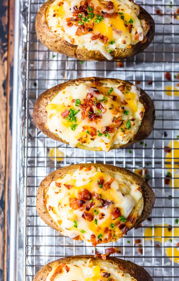 Twice baked potatoes on a cooling rack