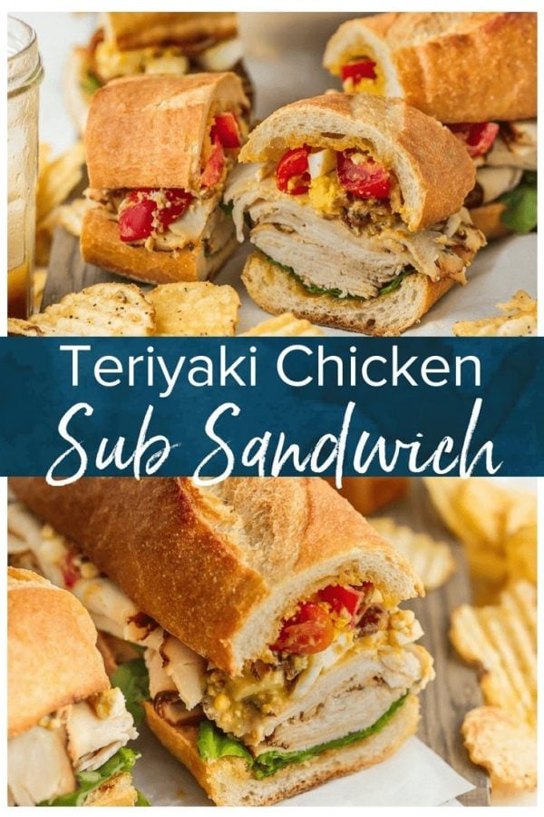 This Sub Sandwich recipe is filled with so many delicious things! In addition to the juicy teriyaki chicken breast and homemade teriyaki dressing, there's a tasty cobb salad inspired mix on top. This teriyaki chicken sandwich is a mix of a lot of different things, but it all comes together so perfectly and the flavors are so well mixed. I love this cobb salad & chicken sandwich!