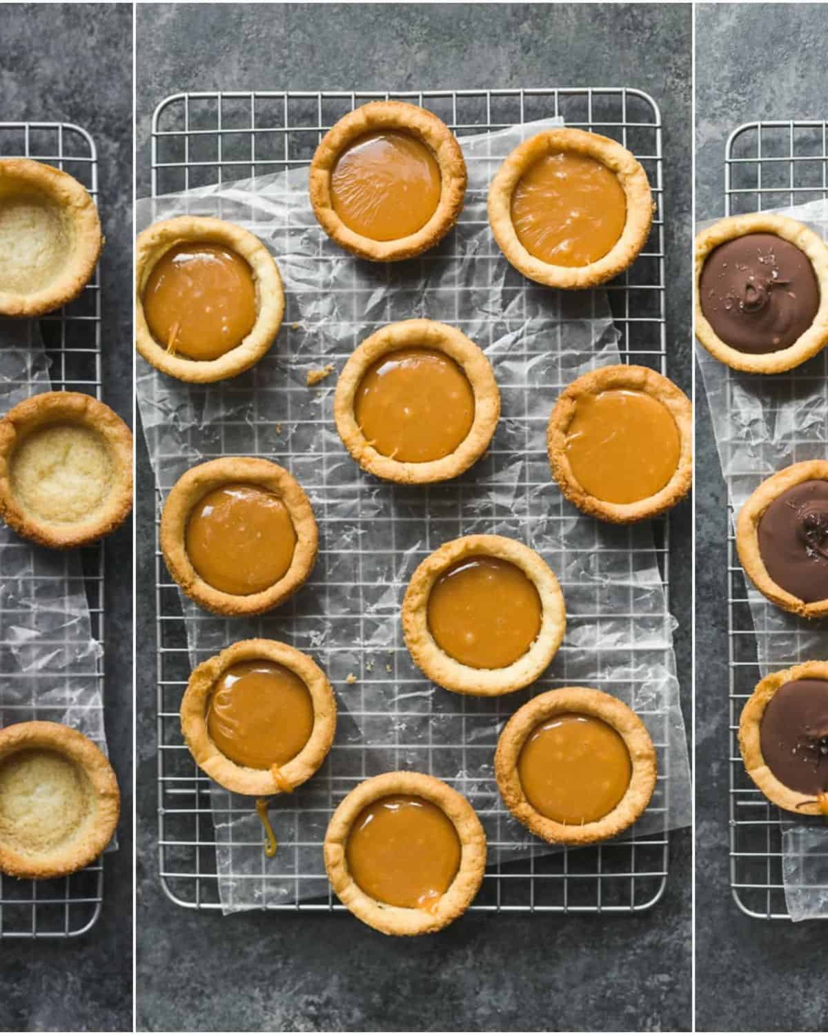 3 images of the cookie prep: one with the baked cookie, one with the caramel inside, and one with the chocolate on top.