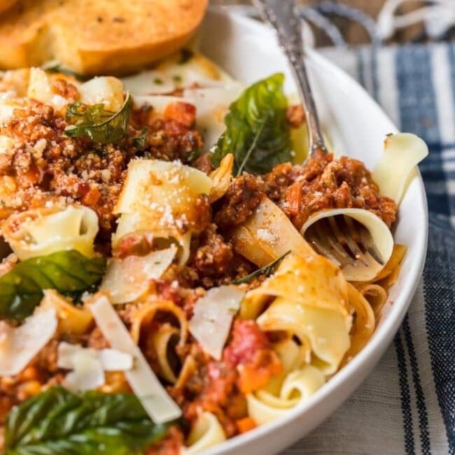 Beef Bolognese is a delicious meat-based sauce served with pasta, and topped with basil and freshly grated cheese. This is the best bolognese sauce recipe outside of Italy!
