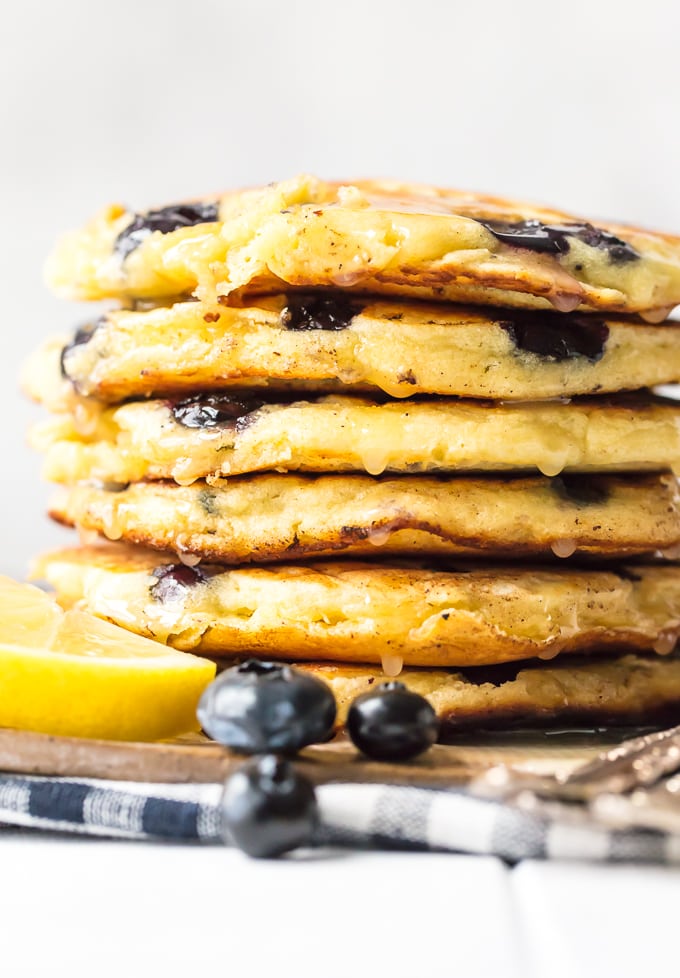 A stack of fresh blueberry pancakes