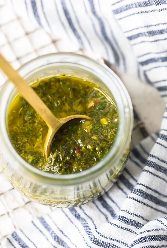 Chimichurri recipe in a glass jar