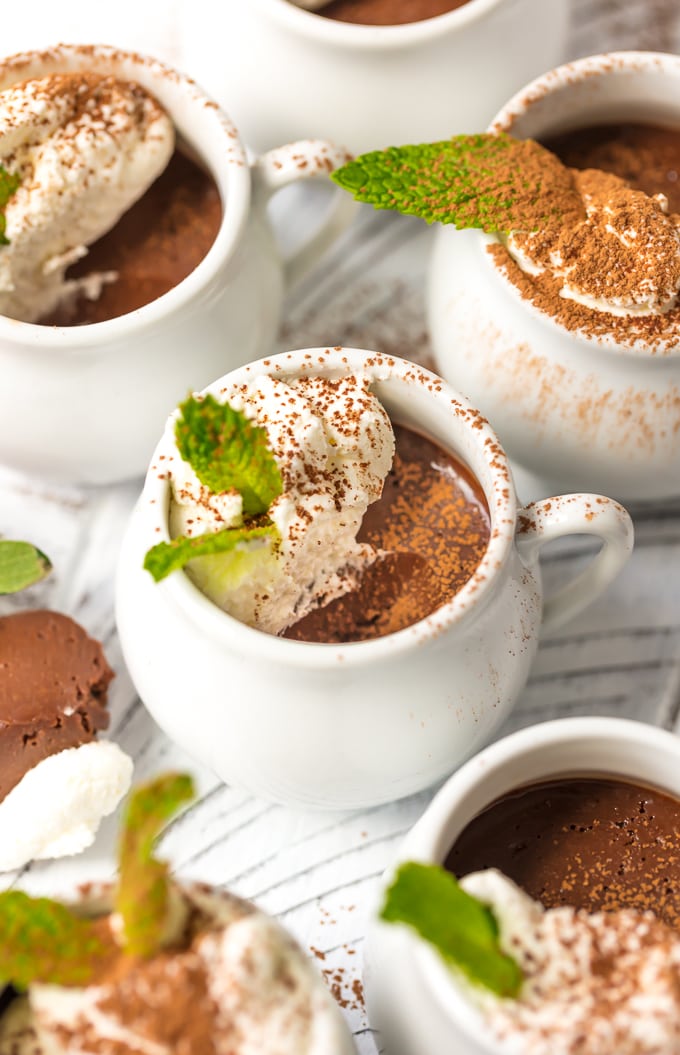chocolate pots de creme in small white pots