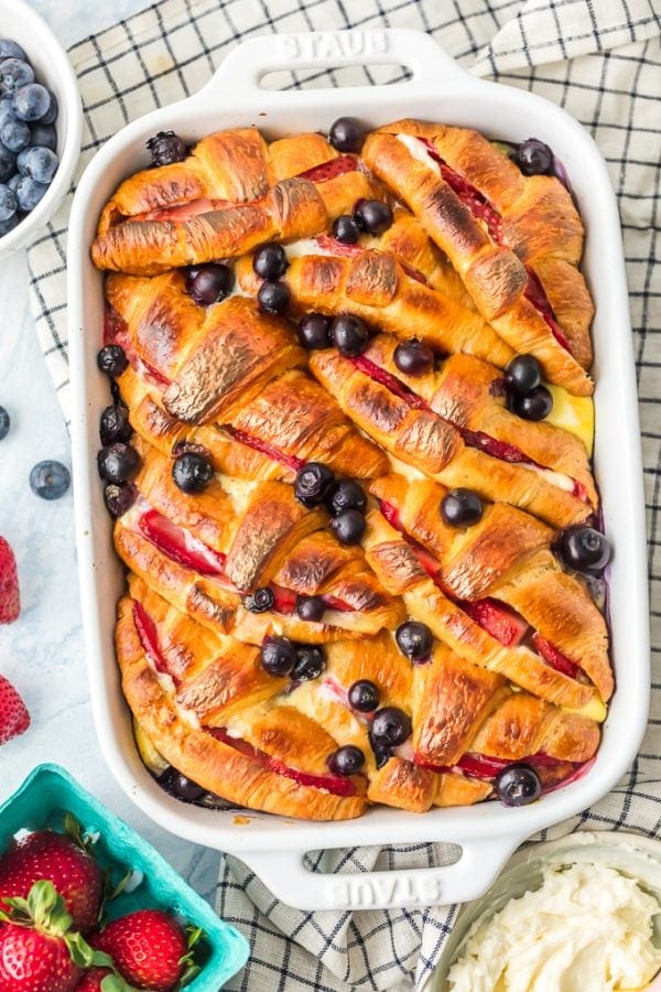 croissant french toast casserole in a white dish