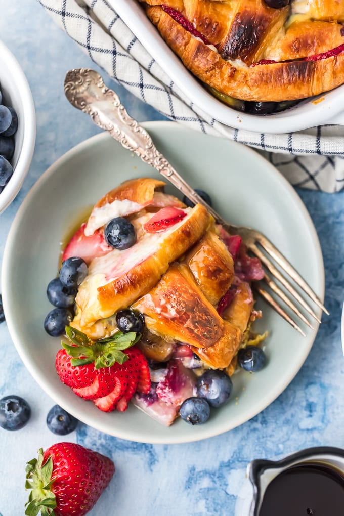 view of berries french toast bake on plate with fork