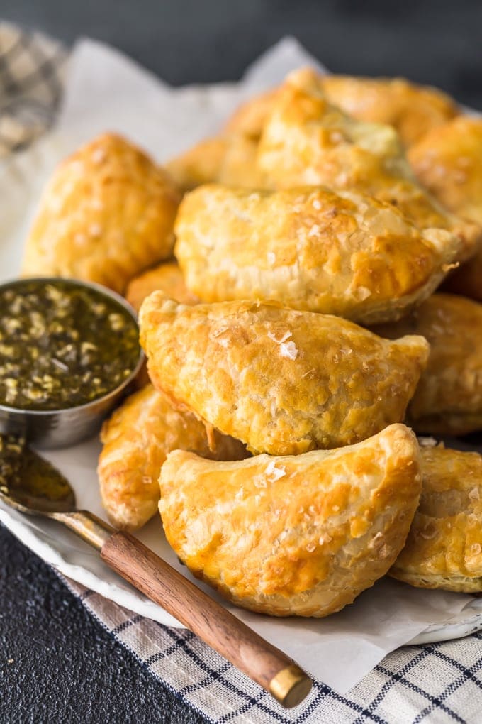 Curry Chicken Hand Pies stacked on a plate