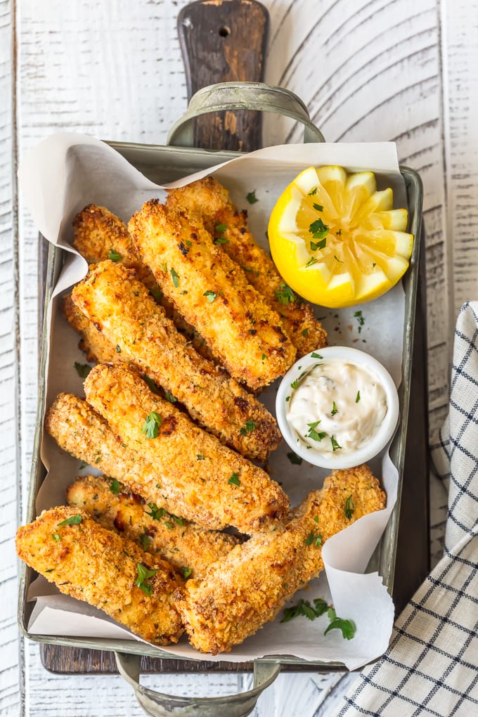 Baked fish sticks on a tray