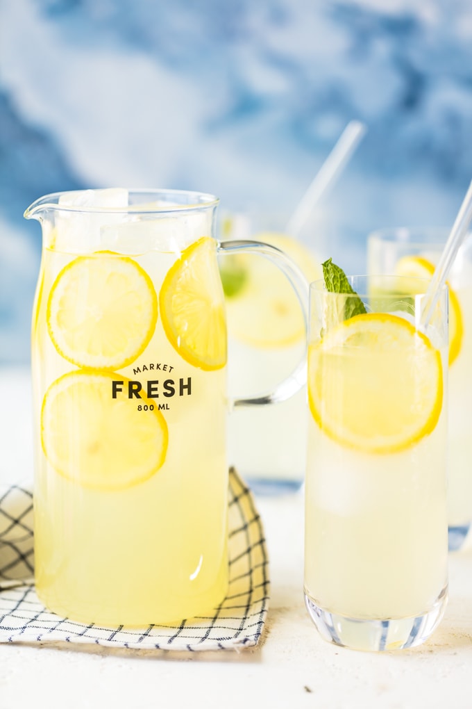 Homemade lemonade recipe in a pitcher and glasses