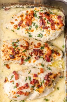 Ranch Baked Chicken with Bacon is one of my favorite Chicken Breast Recipes! This Bacon Ranch Chicken is super simple (only FIVE ingredients!), absolutely fool-proof, and has so much flavor. Your baked chicken will come out juicy and tender every single time covered in the easiest and tastiest bacon ranch sauce. Ranch Chicken has never tasted better!