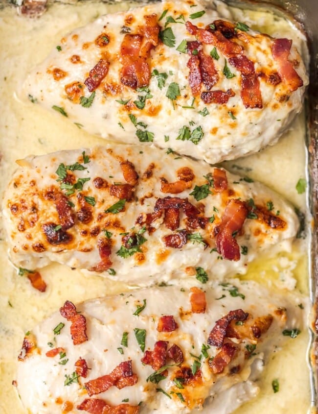 Ranch Baked Chicken with Bacon is one of my favorite Chicken Breast Recipes! This Bacon Ranch Chicken is super simple (only FIVE ingredients!), absolutely fool-proof, and has so much flavor. Your baked chicken will come out juicy and tender every single time covered in the easiest and tastiest bacon ranch sauce. Ranch Chicken has never tasted better!