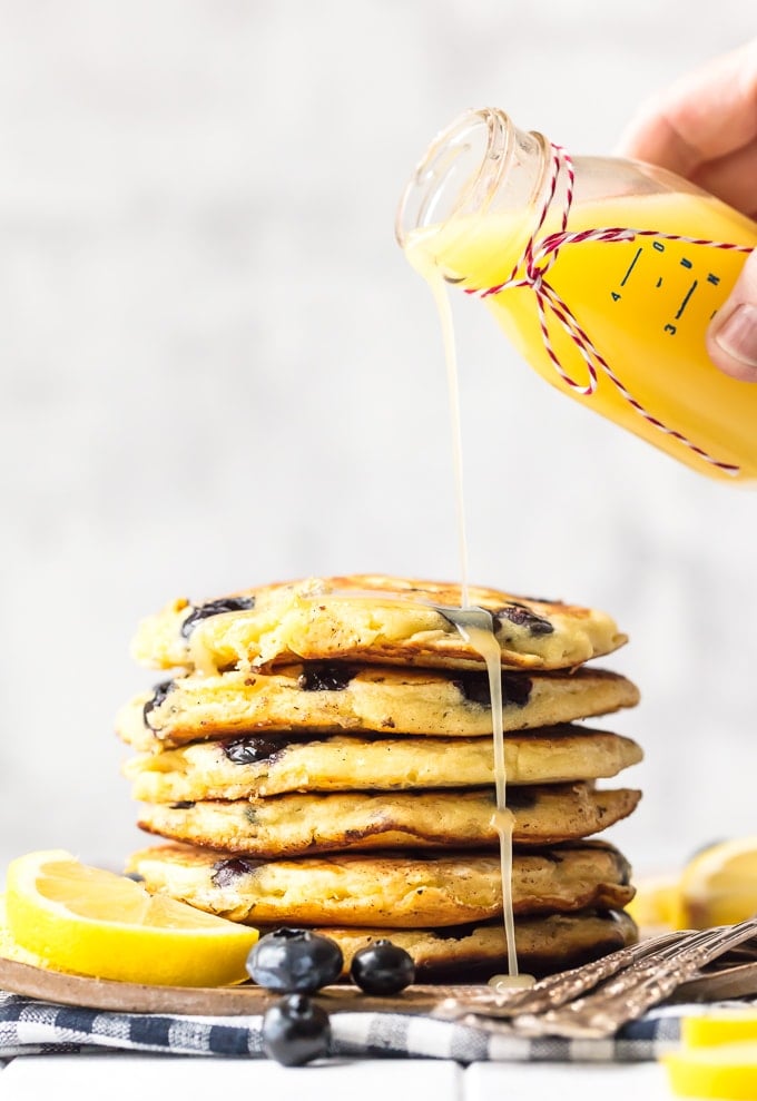 Blueberry pancakes with lemon syrup
