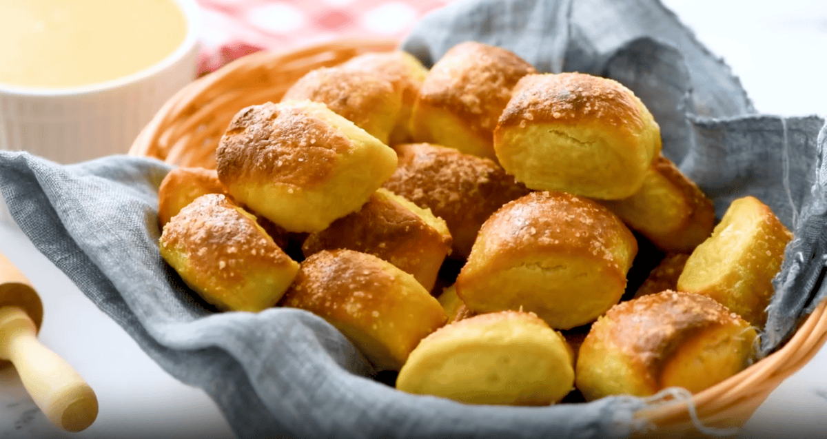 pretzel bites in a bread basket.