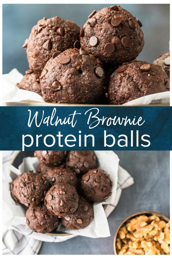 Walnut Brownie Protein Balls are the perfect pop-able breakfast, after workout snack, or simple sweet treat to fuel you throughout the day. This grab and go Chocolate Energy Bites Recipe is so fast and easy, you'll want to make a batch every week. Stuffed with healthy ingredients such as walnuts, unsweetened cocoa powder, chia seeds, peanut butter, and more...these Nutty Chocolate Energy Bites taste like brownie batter but are packed with  protein and goodness!