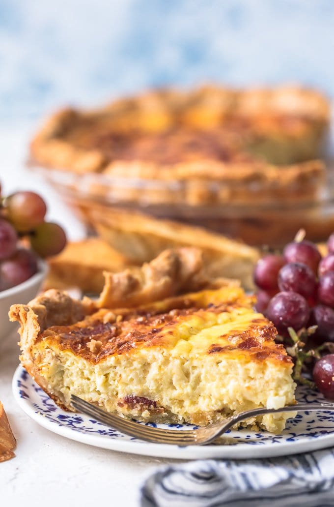 Quiche filled with bacon, cheese, and eggs