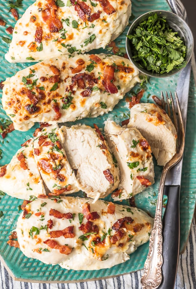 Baked Chicken with Bacon and Ranch plated and sliced