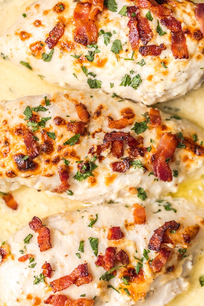 up close overhead shot of ranch baked chicken with bacon in the pan