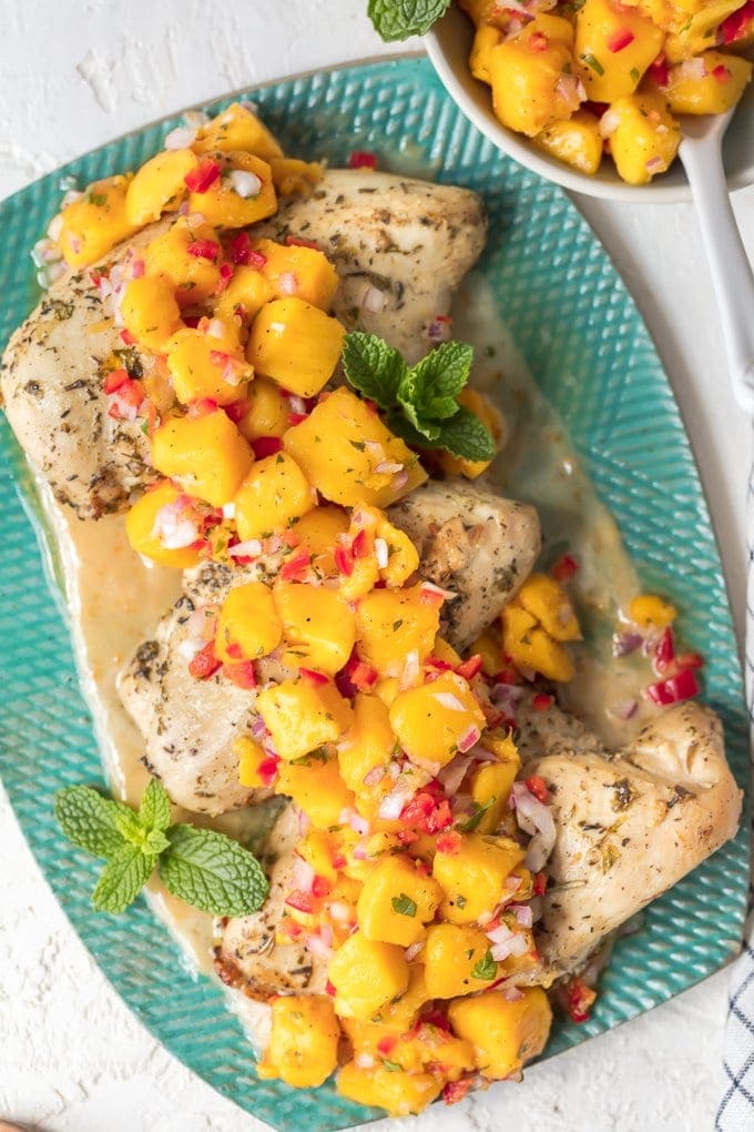 Mango Salsa Chicken on a serving platter