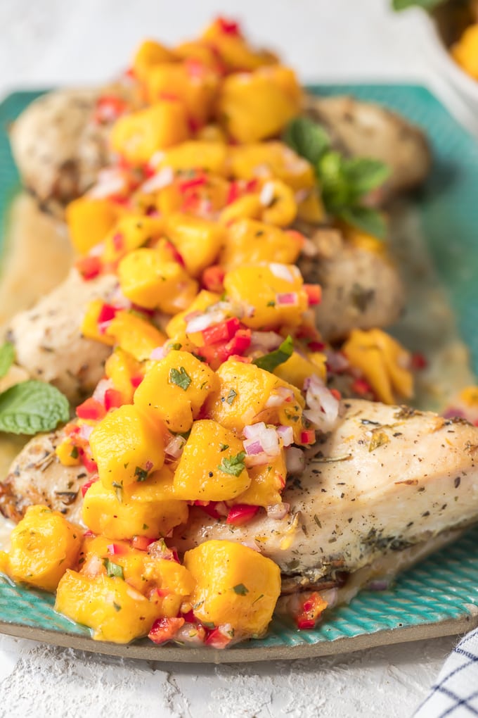 Chicken breast served in sangria butter sauce with mango salsa
