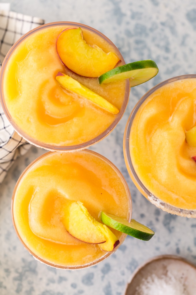 top view of skinny frozen peach margaritas