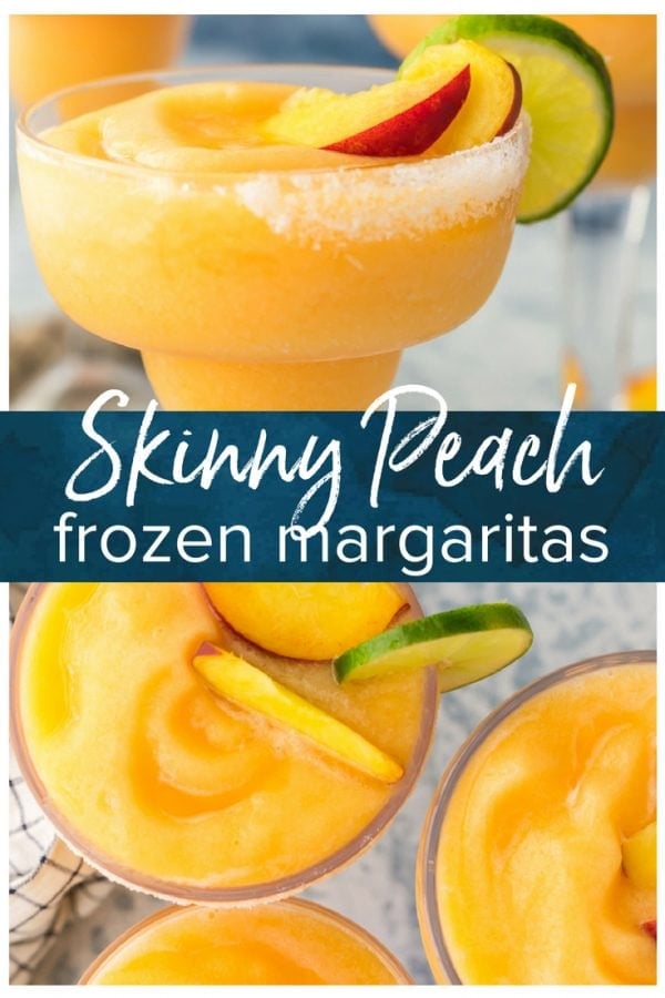 This Skinny Peach Frozen Margarita is Summer in a glass! I love the bright flavor of a delicious Peach Margarita, but lightened up in Skinny Margarita form. This cocktail is made with simple ingredients such as frozen peaches, peach sparkling water, agave nectar, lime juice, and of course, Tequila! There's no better way to celebrate Summer than with these perfect fruity Frozen Margaritas!