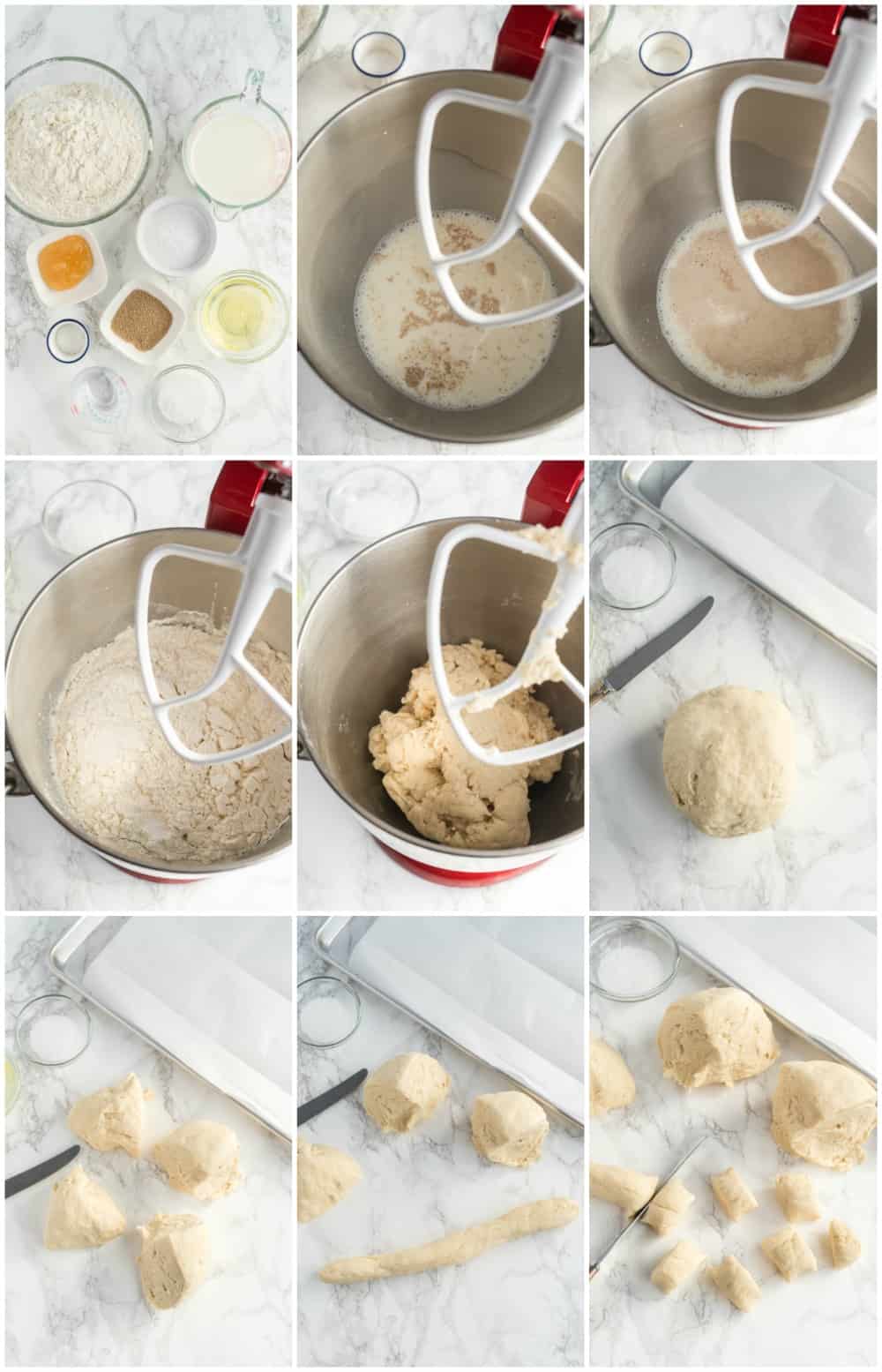 step by step collage on how to make pretzel bites dough