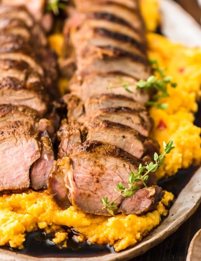 sliced sweet tea pork tenderloin on a plate