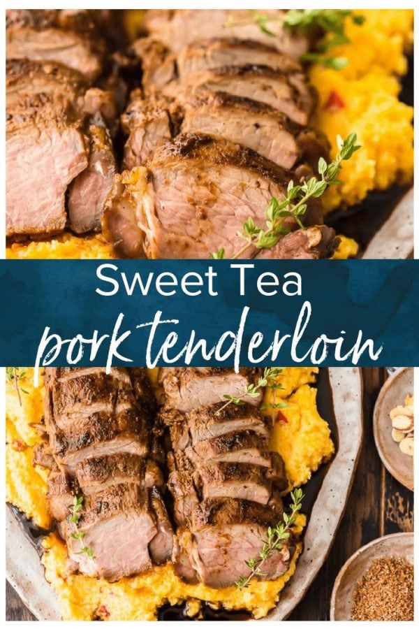This Sweet Tea Pork Tenderloin Recipe is a mix of the best flavors. It starts with the sweet tea pork brine, next is the perfect dry rub for pork, then you cook the pork tenderloin in the oven, and finally sear it at the end. Top it off with a tasty honey bourbon sauce and serve it with Pimento Cheese Grits!