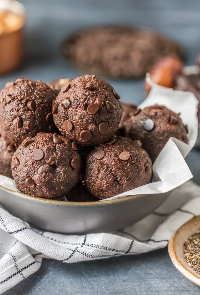 Walnut Brownie Protein Balls in a gray bowl